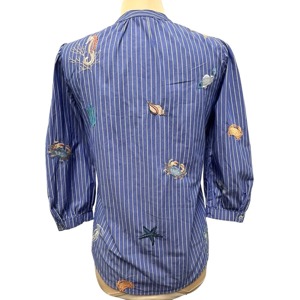 Johnny Was Workshop Striped Blue Embroidered Seashells Ocean Shirt XS Blouse - Picture 5 of 14